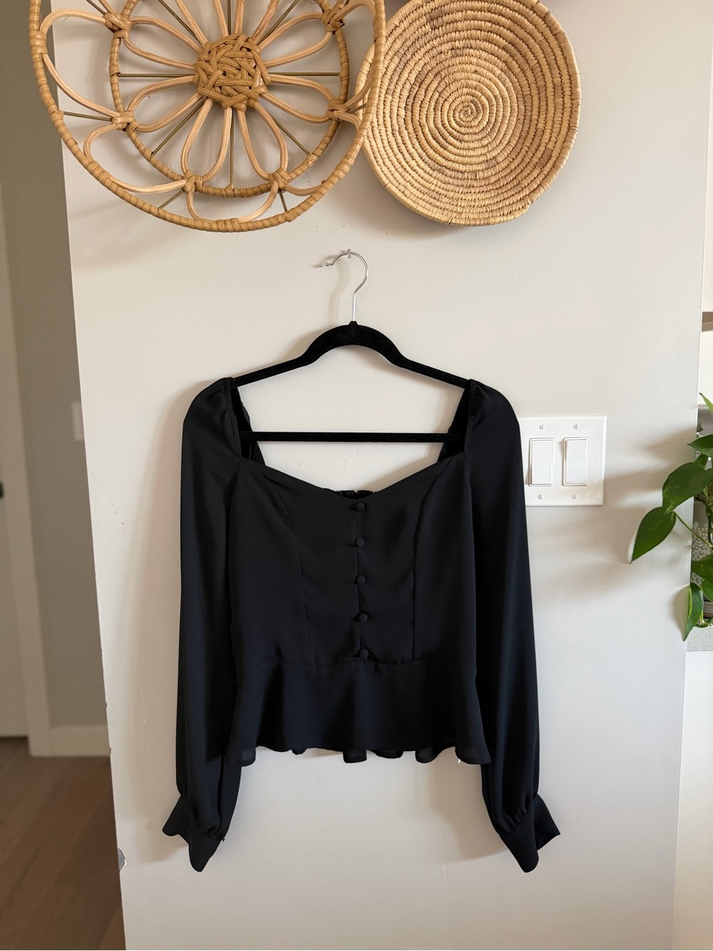 Express Black Long-Sleeve Peplum Button-Front Blouse